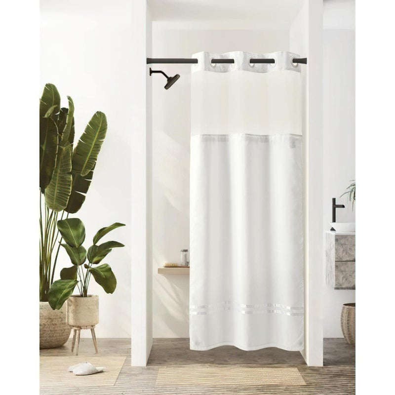River Dream Stall Shower Curtain with Snap in Liner No Hooks Needed Shower Curtain for Bathroom Hotel Grade Machine Washable 36"" W?74"" H White with White Stripe and Magnets - Image 1