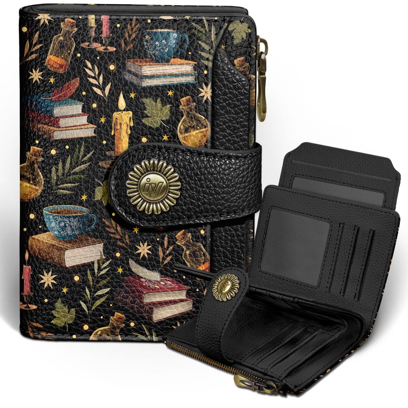 Icycay Book Witchy Wallet Women Small RFID Blocking Bifold, Credit Card Holder, Zipper Coin Pocket, PU Leather, Compact, Travel, 4 ID Window, 14 Card Slots, Cash Purse, Ladies Woman Female Girls - Image 1