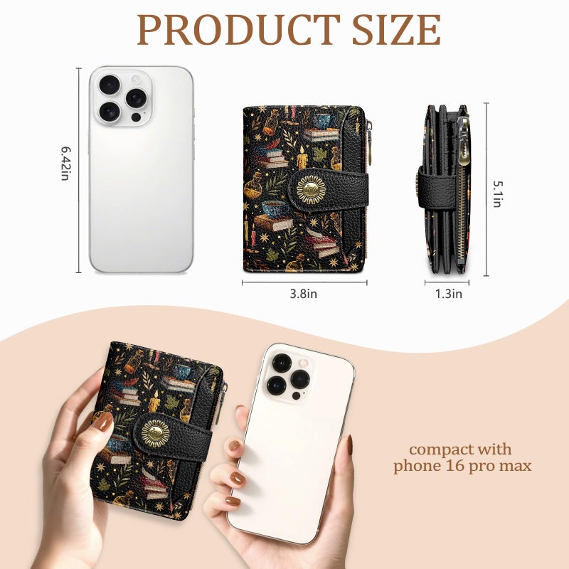 Icycay Book Witchy Wallet Women Small RFID Blocking Bifold, Credit Card Holder, Zipper Coin Pocket, PU Leather, Compact, Travel, 4 ID Window, 14 Card Slots, Cash Purse, Ladies Woman Female Girls - Image 4