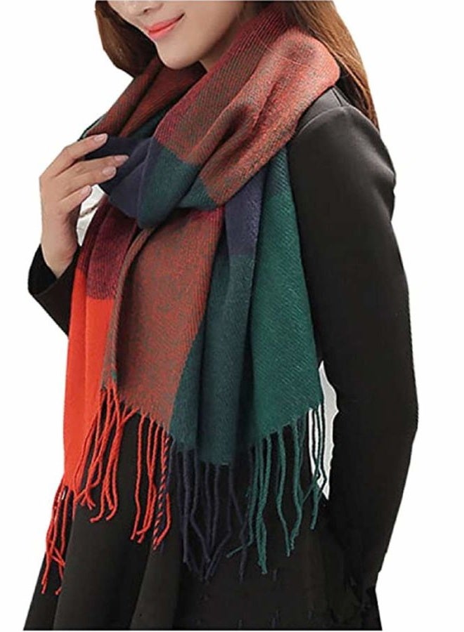 Wander Agio Women's Fashion Long Shawl Big Grid Winter Warm Lattice Large Scarf, Orange Blue1, One size - Image 1