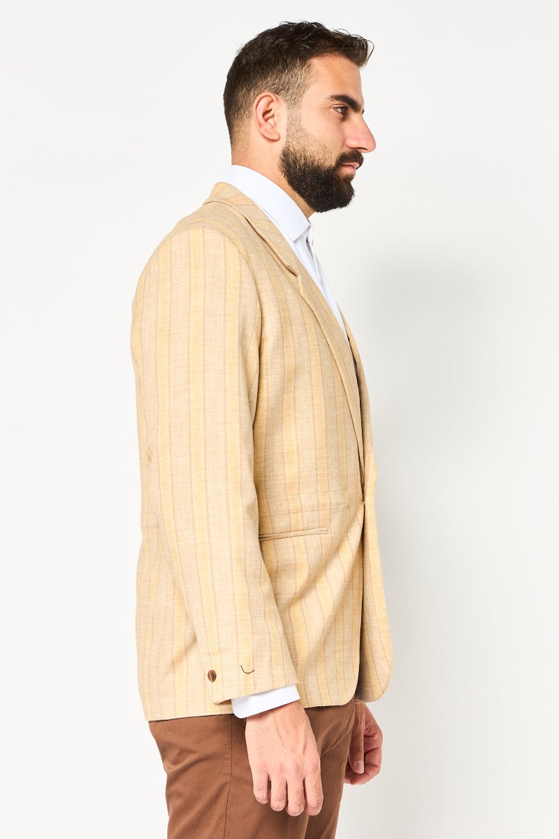 Asos Design Men Regular Fit Stripe Semi Formal Blazer, Beige - Image 2