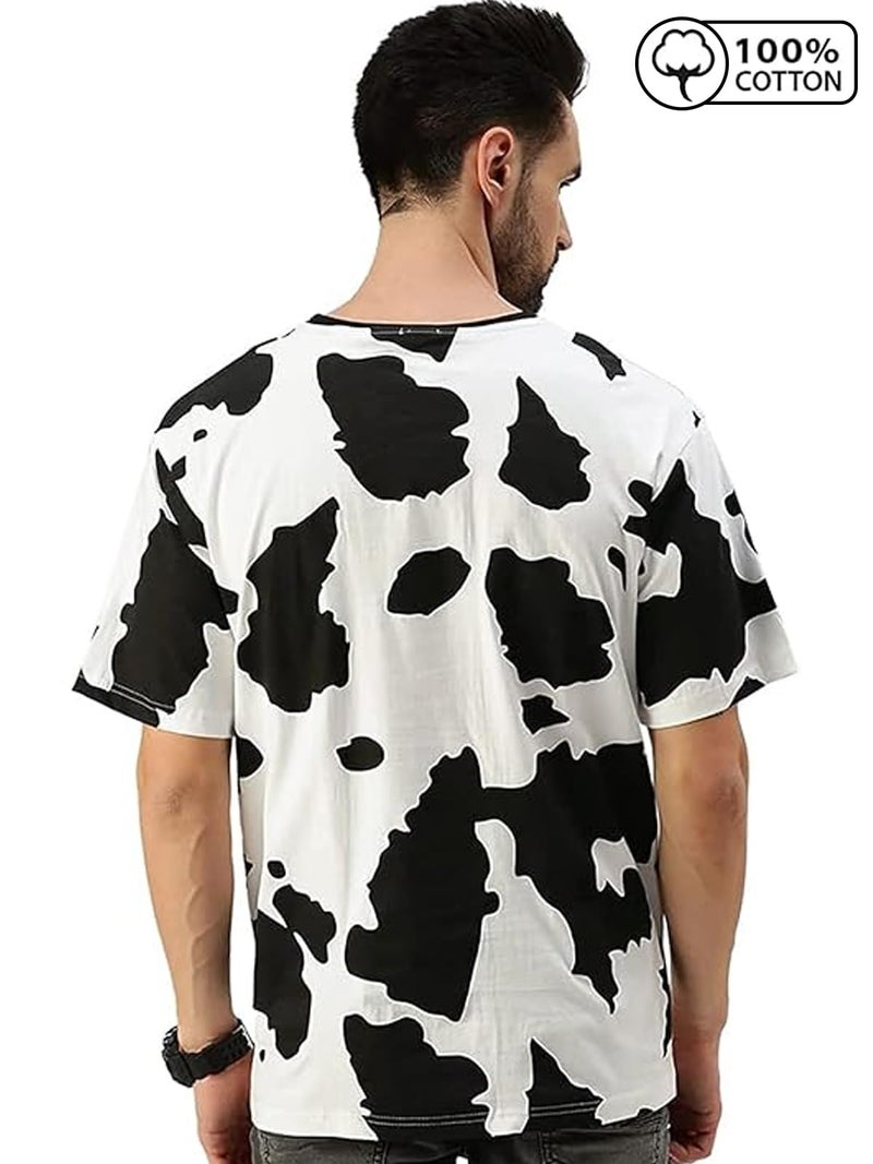 Veirdo® Pure Cotton Oversized Loose Baggy Fit Cow & Zebra Animal Print White, Black & Lilac Round Neck T-Shirt with All Over Print for Men & Boys - Image 2