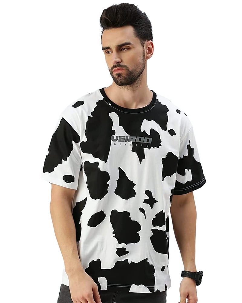 Veirdo® Pure Cotton Oversized Loose Baggy Fit Cow & Zebra Animal Print White, Black & Lilac Round Neck T-Shirt with All Over Print for Men & Boys - Image 1