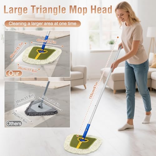 SOBONNE Commercial Dust Mop for Hardwood Floors CleaningIndustrial Dry Mop Broom with 2 Replacement Wedge Cotton Mop Pads for WallsHardwoodLaminate VinylTileHomeWarehouse Floor DusterGreen - Image 3