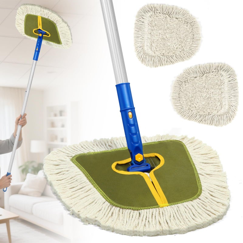 SOBONNE Commercial Dust Mop for Hardwood Floors CleaningIndustrial Dry Mop Broom with 2 Replacement Wedge Cotton Mop Pads for WallsHardwoodLaminate VinylTileHomeWarehouse Floor DusterGreen - Image 2