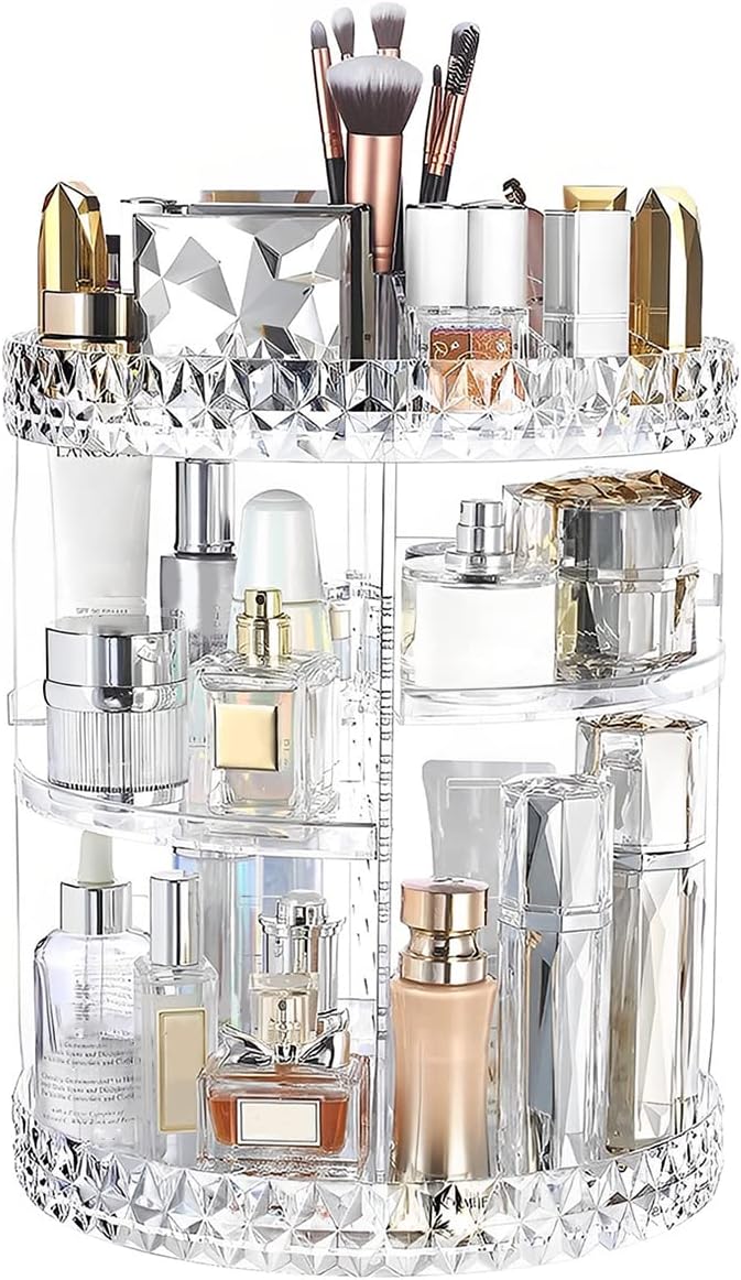 3 Tiers Rotating Makeup Organizer with Compartment 360 Rotating Makeup Stand Display Case Large Capacity Cosmetic Display Box Clear for Dresser Bathroom SkincareLipsticksMakeup Brushes