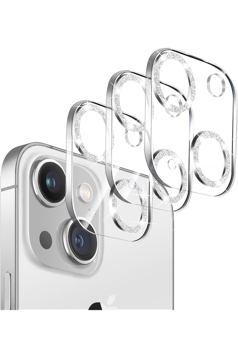 For iPhone 15 15Plus Silver 3PCS Bling Glitter Diamond Camera Lens Protector for IPhone 16 15 14 13