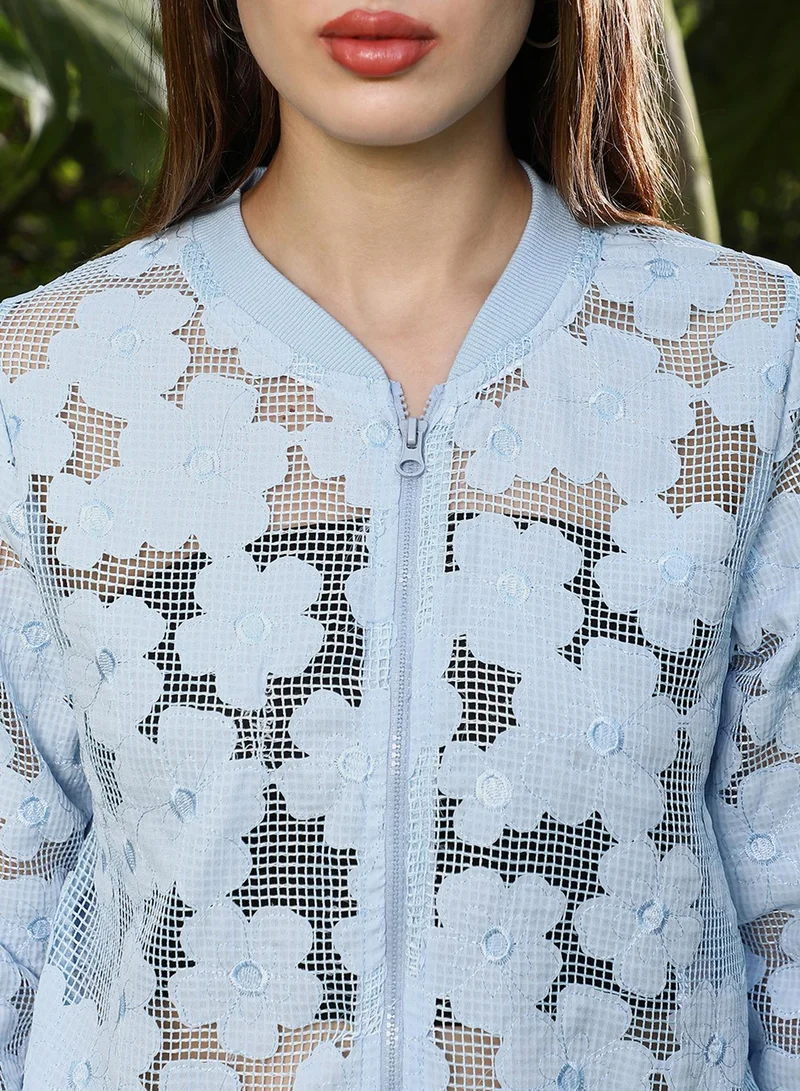 Campus Sutra Women's Powder Blue Floral-Mesh Jacket