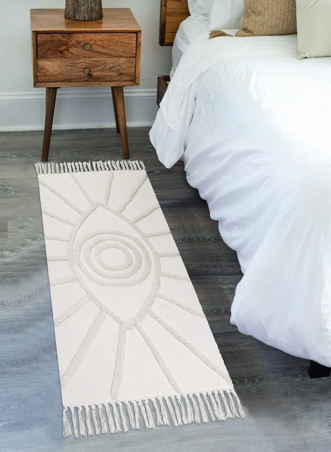 Uphome Kitchen Runner Rug 2'x4.3' Beige Evil Eye Tufted Boho Rug with Tassels Soft Cotton Washable Entryway Rugs Modern Minimalist Accent Rug for Bedroom Doormat Hallway Laundry Room - Image 1
