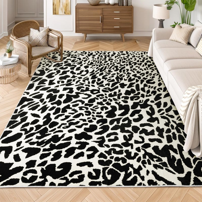 YIHOUSE Leopard Rug for Living Room, Black and White Cute Cheetah Print Rug Modern Washable Animal Printed Rugs for Bedroom, Girls Boys Dorm Room Nursery Room, Playroom, 6x9 - Image 1