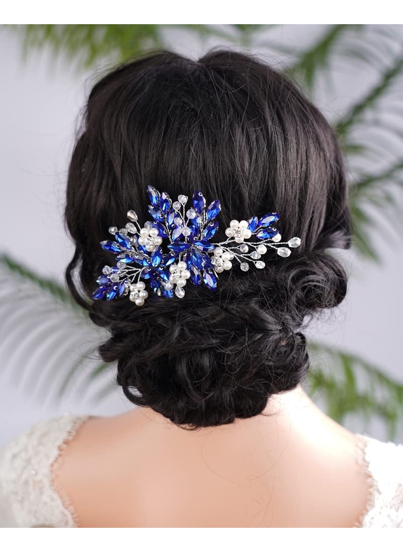 BERYUAN - Crystal Rhinestone Hair Comb with Floral Accents Bride Headpiece Wedding Hair Accessories Handmade Hairband for Women and Girls blue - Image 1