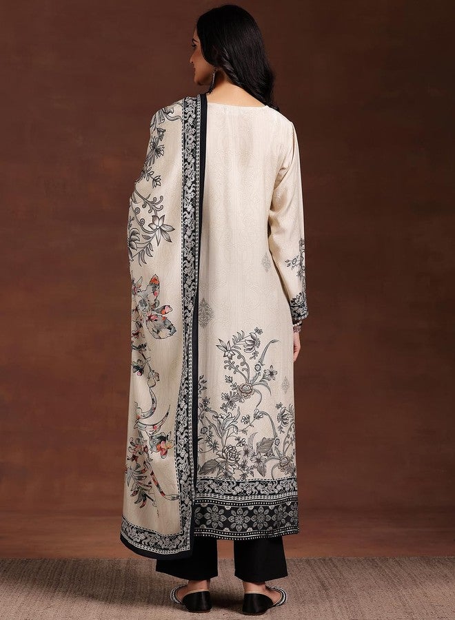 Libas Womens Printed Cotton Blend Straight Kurta with Trousers and Dupatta White - Image 4