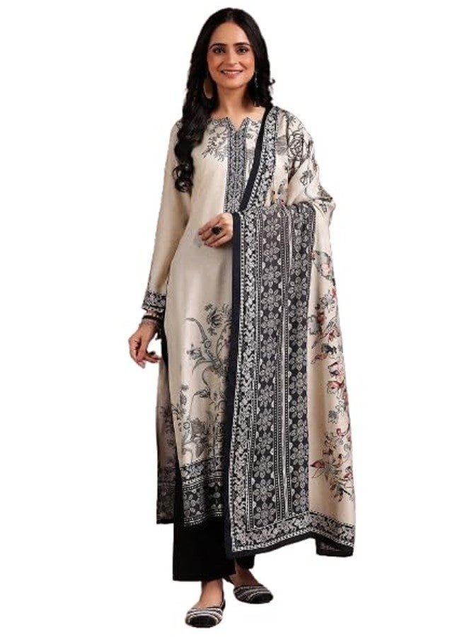 Libas Womens Printed Cotton Blend Straight Kurta with Trousers and Dupatta White - Image 1