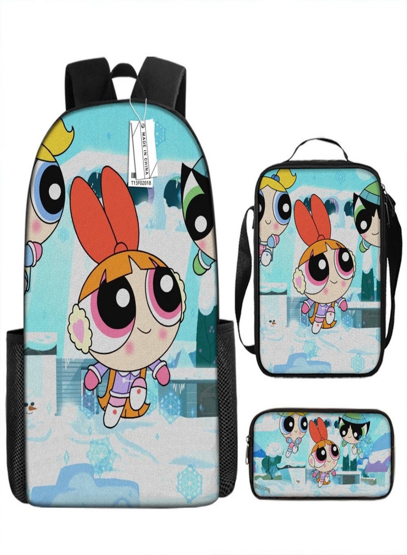 the powerpuff girls Children Backpack Schoolbag Teen Student School Book bag with Lunch Box Pen Case 3 in 1 for Kids