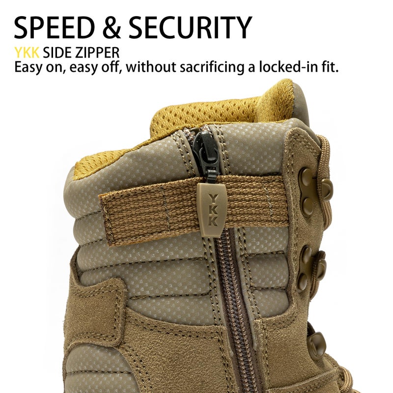 ROCKROOSTER Burano Men's 8-Inch Military Tactical Boots, Coyote Suede & Nylon, YKK Side Zipper for Easy On/Off, Waterproof with HYDROGUARD Lining, EH Electrical Hazard Safe AB540-9.5 - Image 4