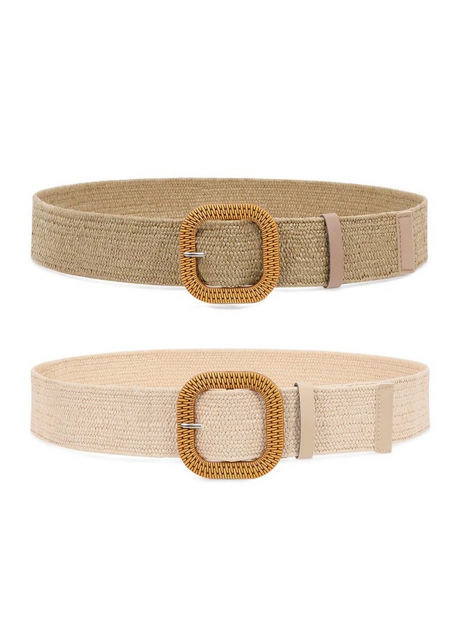 Suosdey - 2 Pack Straw Woven Elastic Belt Braided Stretch Wide Belt For Women Dress - Image 1