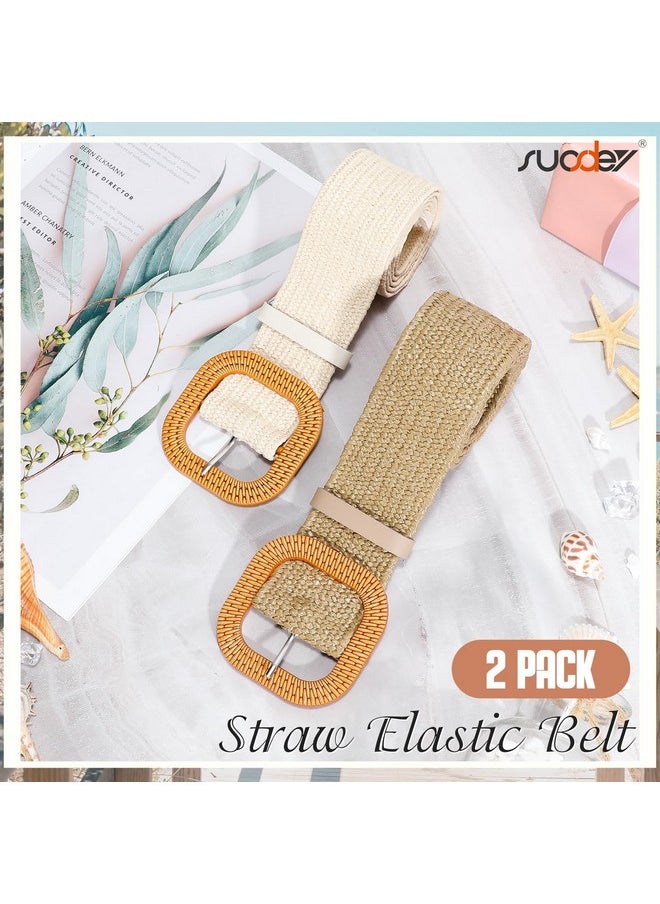 Suosdey - 2 Pack Straw Woven Elastic Belt Braided Stretch Wide Belt For Women Dress - Image 1