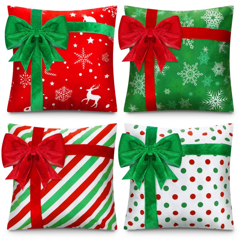 Kingdder Christmas Pillow Covers 18 x 18 Inch Set of 4 Farmhouse Xmas Throw Pillow Cases Gift Box Style Red Green White Snowflake Bow Decoration for Couch Holiday Sofa Cushion Decor
