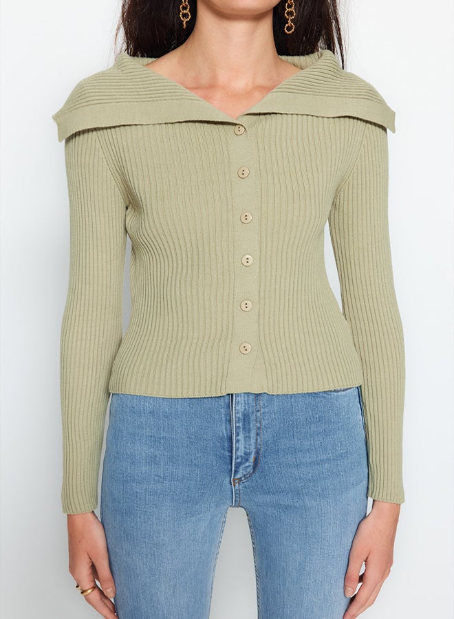 trendyol Khaki Turndown Collar Knitwear Cardigan - Image 3
