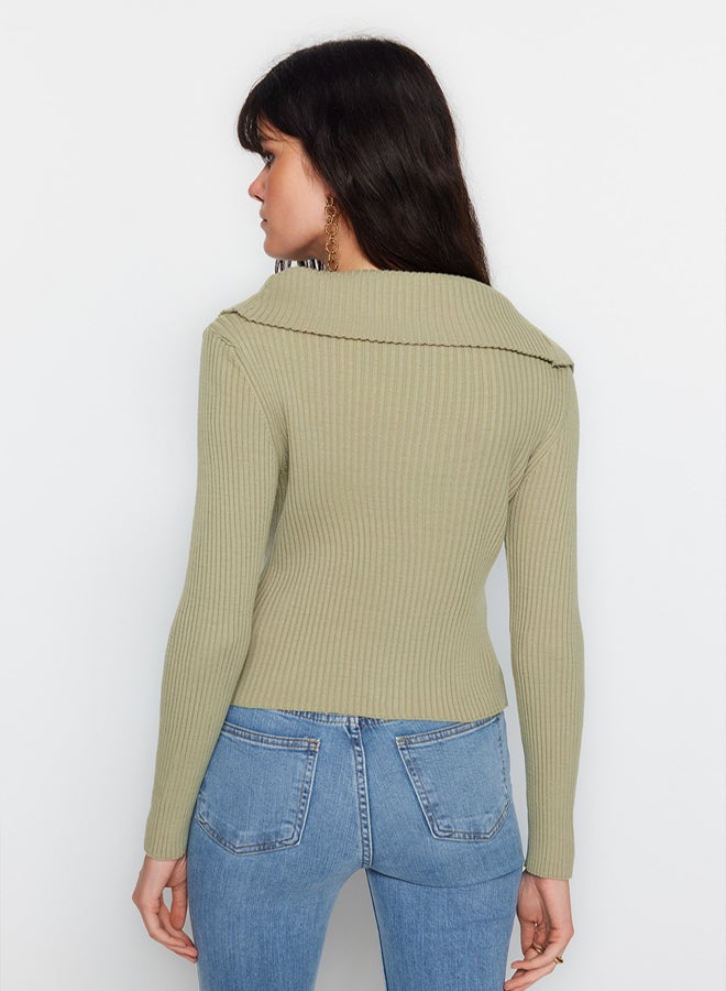 trendyol Khaki Turndown Collar Knitwear Cardigan - Image 5