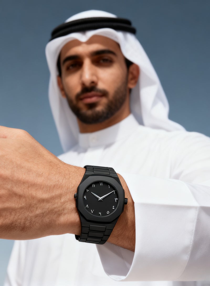 A&W Arabic Watch, Black Men's Quartz with Silver Hands, Arabic Numerals Dial, Minimalist Octagon Case, 5ATM Waterproof – Perfect Gift for Islamic Watch Enthusiasts - Image 2