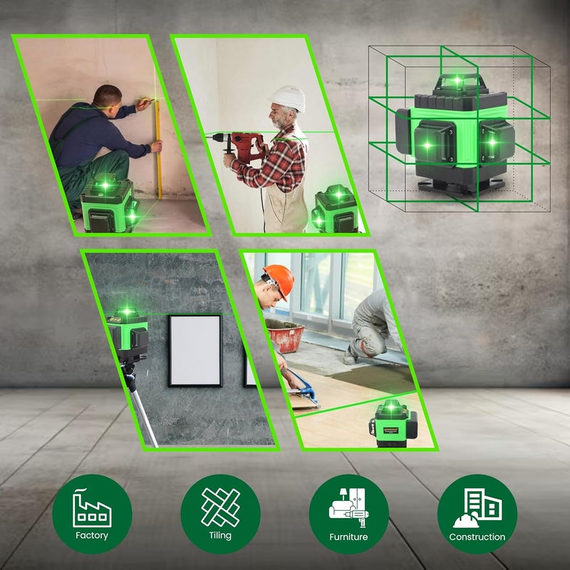 Tomahawk ® 16 خطوط مستوى الليزر الأخضر برو، 4x360° 4D ليزر احترافي لخطوط التقاطع للبناء مع وضع نبض عمودي/أفقي 360° وجهاز تحكم عن بعد لمستوى الليزر - Image 5