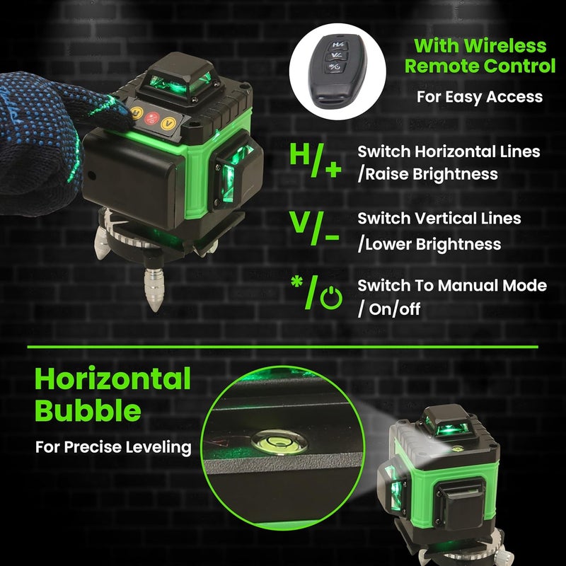 Tomahawk ® 16 خطوط مستوى الليزر الأخضر برو، 4x360° 4D ليزر احترافي لخطوط التقاطع للبناء مع وضع نبض عمودي/أفقي 360° وجهاز تحكم عن بعد لمستوى الليزر - Image 3