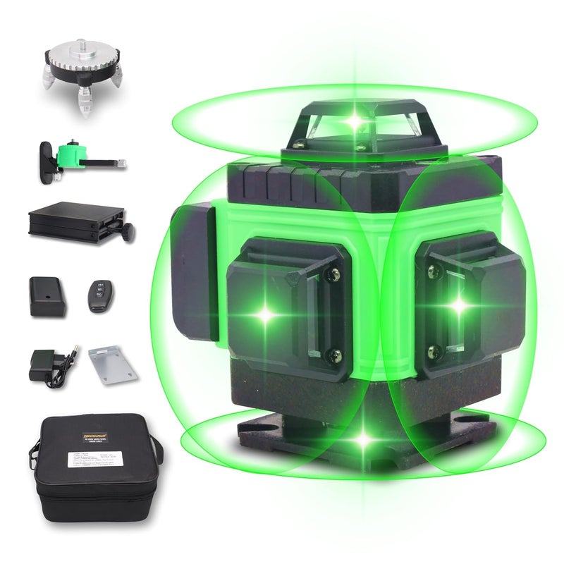 Tomahawk ® 16 خطوط مستوى الليزر الأخضر برو، 4x360° 4D ليزر احترافي لخطوط التقاطع للبناء مع وضع نبض عمودي/أفقي 360° وجهاز تحكم عن بعد لمستوى الليزر - Image 1