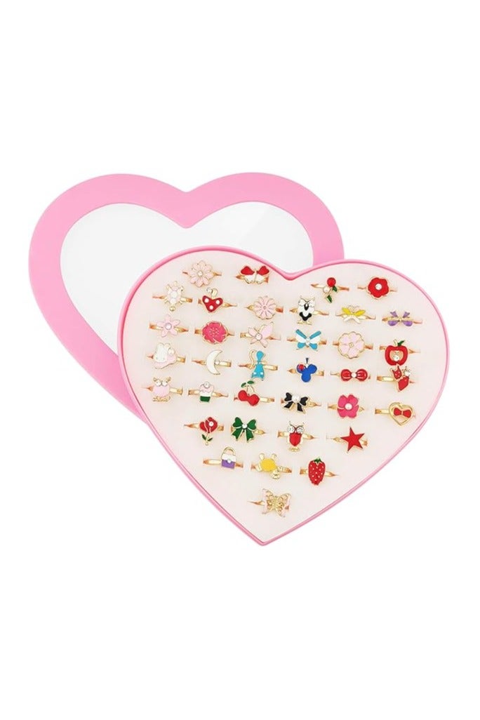 JoyousSto 36 Pcs Adjustable Rings in Box, No Duplication, Children Kids Little Girl Pretend Play and Dress up Jewelry Set with Heart Shape Display Case - Image 1