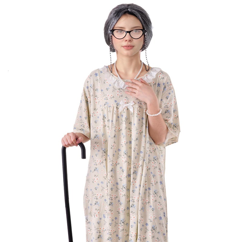 Yymobt 9 Pcs 100 Days of School Costume Old Lady Costume School 100th Activity Suit Grandma Wig Granny Glasses with Chain Pearl Necklace Earring Bracelets Grandma Old-fashioned Dress with Floral - Image 2