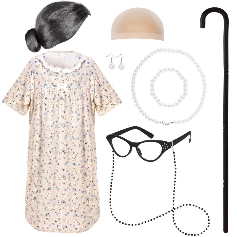 Yymobt 9 Pcs 100 Days of School Costume Old Lady Costume School 100th Activity Suit Grandma Wig Granny Glasses with Chain Pearl Necklace Earring Bracelets Grandma Old-fashioned Dress with Floral - Image 1