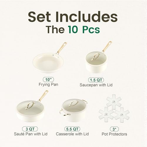 Chef Power Ceramic Cookware Sets, 10Pcs Pots and Pans Set Non Stick, Cookware Set with Stainless Steel Handle, Dishwasher & Oven Safe, Cream White and Light Gold Handle - Image 2