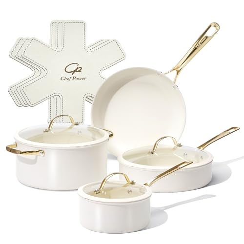Chef Power Ceramic Cookware Sets, 10Pcs Pots and Pans Set Non Stick, Cookware Set with Stainless Steel Handle, Dishwasher & Oven Safe, Cream White and Light Gold Handle - Image 1