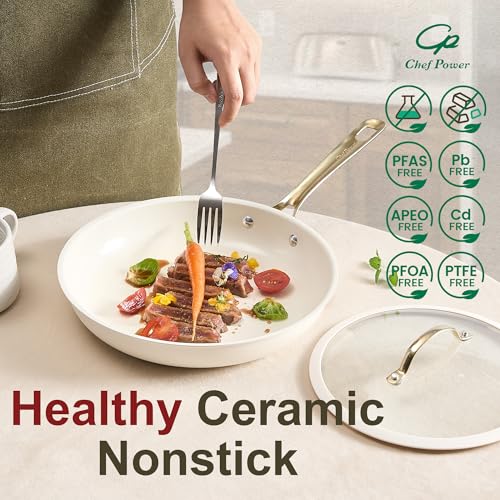 Chef Power Ceramic Cookware Sets, 10Pcs Pots and Pans Set Non Stick, Cookware Set with Stainless Steel Handle, Dishwasher & Oven Safe, Cream White and Light Gold Handle - Image 3