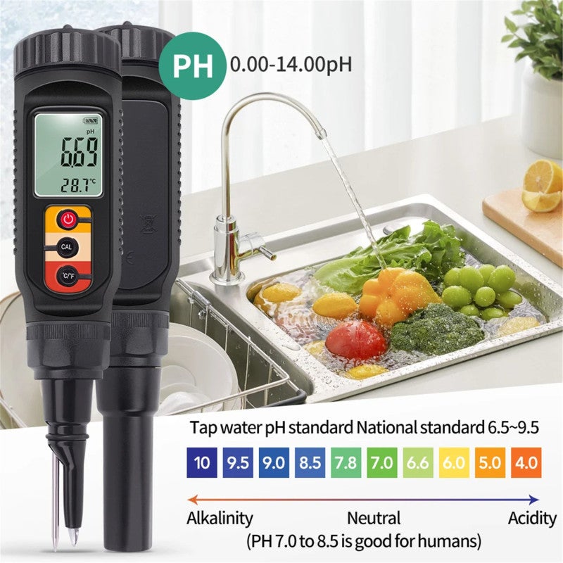 Ph Tester: Black Portable Handheld Penetrating 0.00~14.00pH High Precision Detachable Probe - Backlit Digital Lcd Screen With Alarm Function Temperature Meter For Soil Food Processing And Dark Environ - Image 4