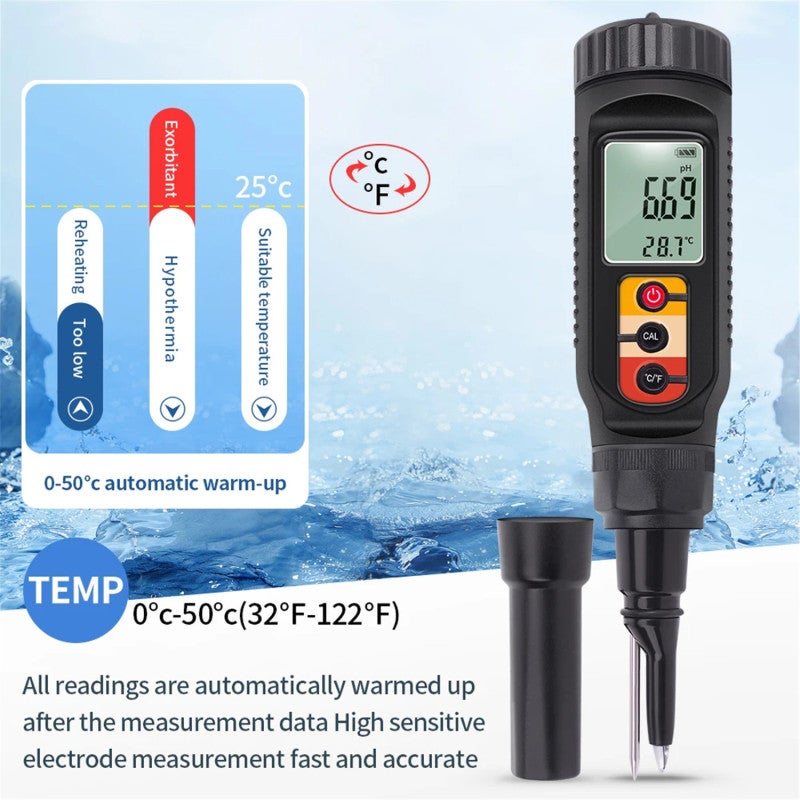 Ph Tester: Black Portable Handheld Penetrating 0.00~14.00pH High Precision Detachable Probe - Backlit Digital Lcd Screen With Alarm Function Temperature Meter For Soil Food Processing And Dark Environ - Image 3