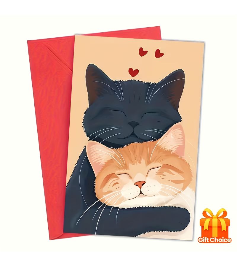 Red Romantic Cat Card With Envelope For Valentine Anniversary Birthday Gift - Image 3