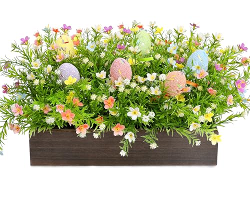 Scawim Summer Flower Table Centerpieces, Pre-Made Artificial Flowers Centerpiece Decor with Egg for Spring Floral, Farmhouse Table Decoration with Wooden Tray for Home Office Dining Room Party - Image 1
