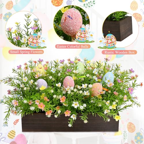 Scawim Summer Flower Table Centerpieces, Pre-Made Artificial Flowers Centerpiece Decor with Egg for Spring Floral, Farmhouse Table Decoration with Wooden Tray for Home Office Dining Room Party - Image 3