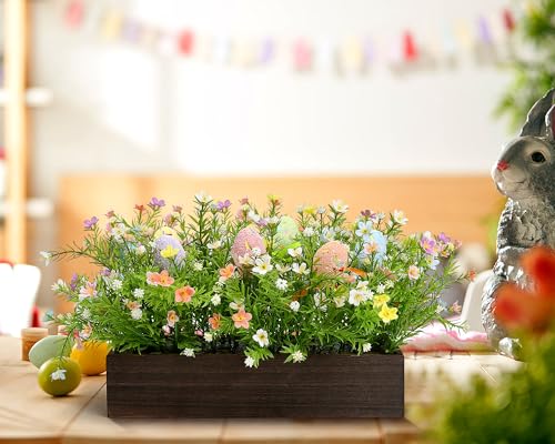 Scawim Summer Flower Table Centerpieces, Pre-Made Artificial Flowers Centerpiece Decor with Egg for Spring Floral, Farmhouse Table Decoration with Wooden Tray for Home Office Dining Room Party - Image 5