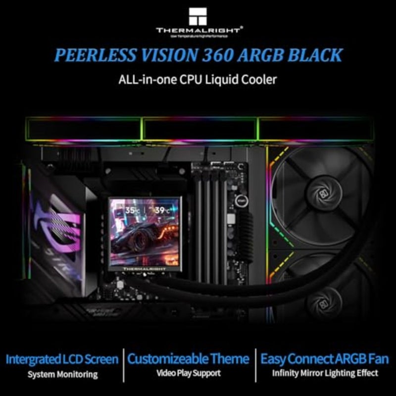 مبرد PC 360 ARGB CPU AIO لـ AM4/AM5 Intel 1700/1851، ألومنيوم أسود مع إضاءة RGB، 3.95 بوصة IPS LCD 480x480، مراوح توصيل لاسلكية ثلاثية - Image 2