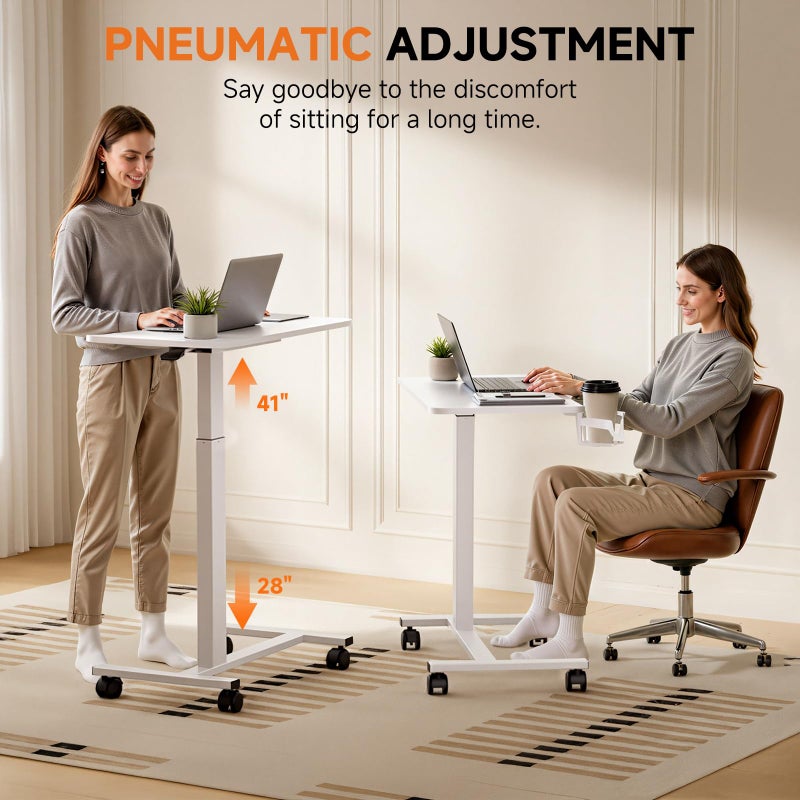 COMHOMA Adjustable Overbed Bedside Table with Lockable Wheels, Pneumatic Mobile Standing Laptop Desk, Small Standing Desk Portable Rolling Overbed Table Hospital Home Use(28" W x 16" D, White) - Image 2