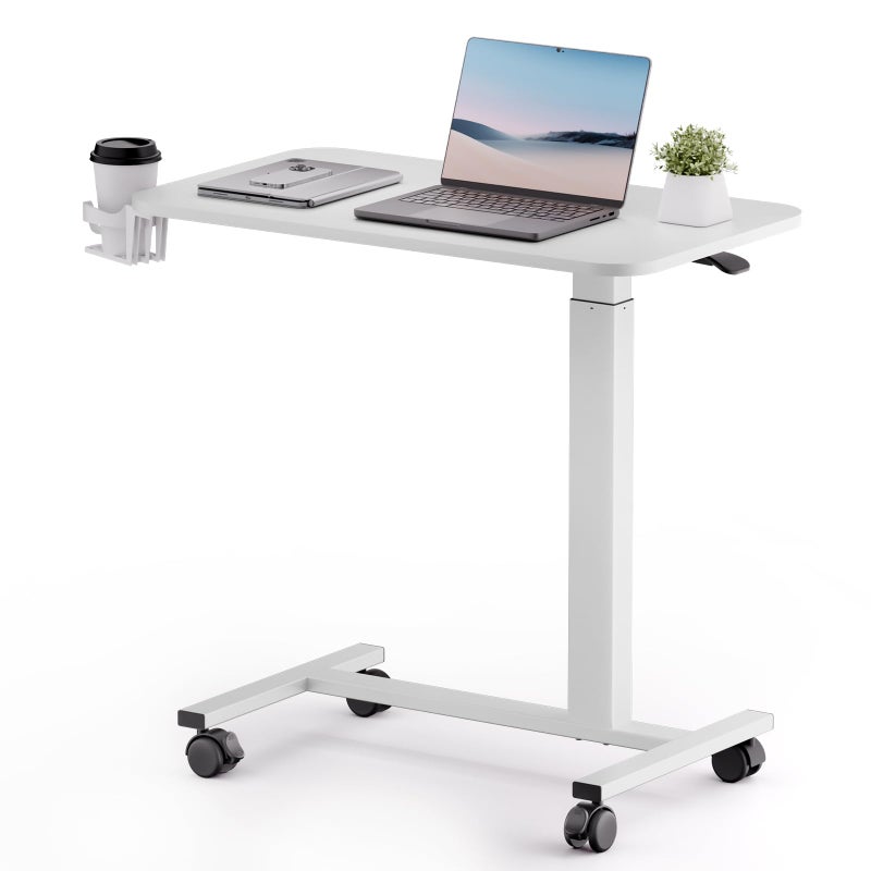 COMHOMA Adjustable Overbed Bedside Table with Lockable Wheels, Pneumatic Mobile Standing Laptop Desk, Small Standing Desk Portable Rolling Overbed Table Hospital Home Use(28" W x 16" D, White) - Image 1