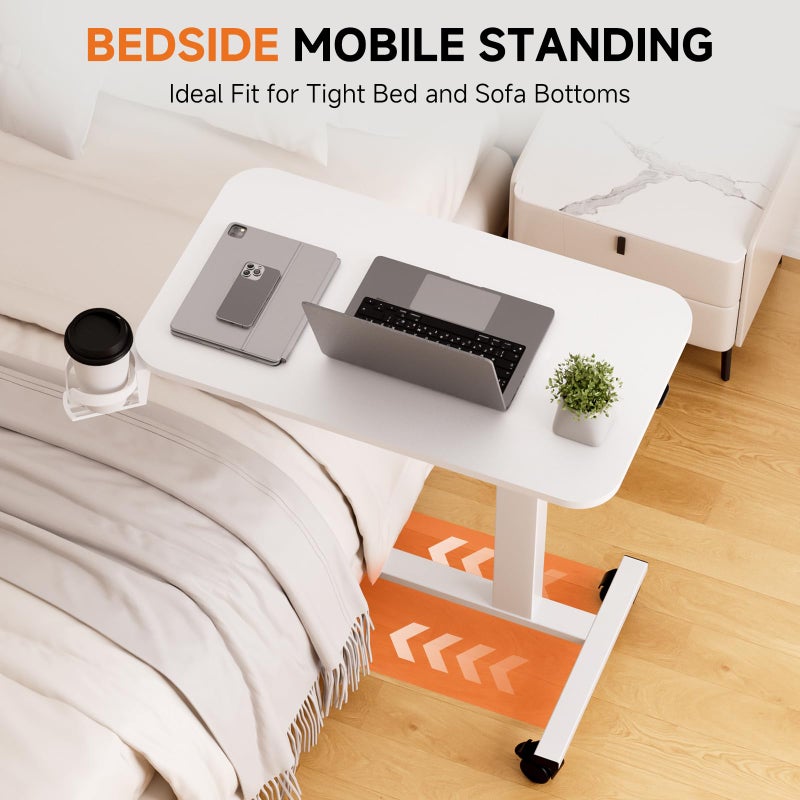COMHOMA Adjustable Overbed Bedside Table with Lockable Wheels, Pneumatic Mobile Standing Laptop Desk, Small Standing Desk Portable Rolling Overbed Table Hospital Home Use(28" W x 16" D, White) - Image 3