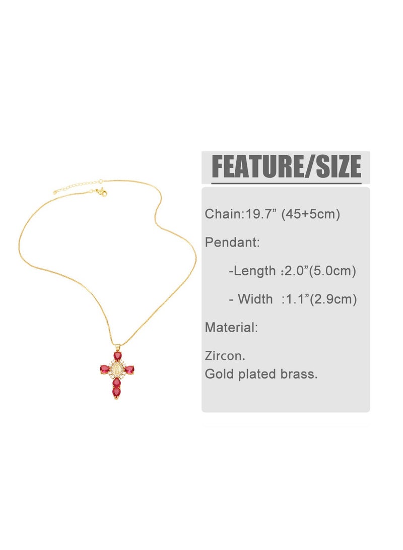 Crystal Zircon Cross Necklace For Women Choker Charm Virgin Mary Pendant Box Chain Female Jewelry Collier Femme - Gold-Blue
