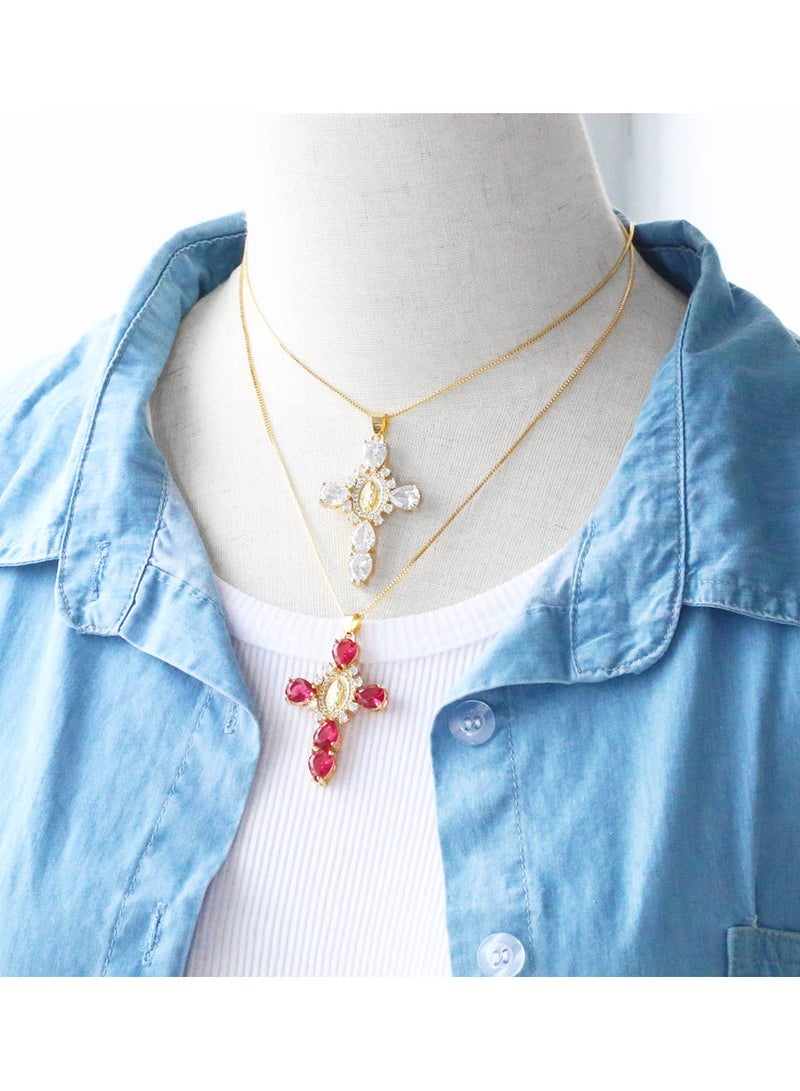 Crystal Zircon Cross Necklace For Women Choker Charm Virgin Mary Pendant Box Chain Female Jewelry Collier Femme - Gold-Blue
