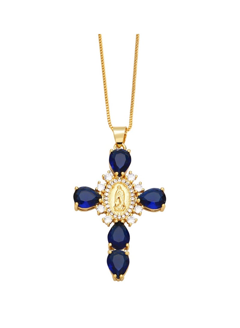 Crystal Zircon Cross Necklace For Women Choker Charm Virgin Mary Pendant Box Chain Female Jewelry Collier Femme - Gold-Blue