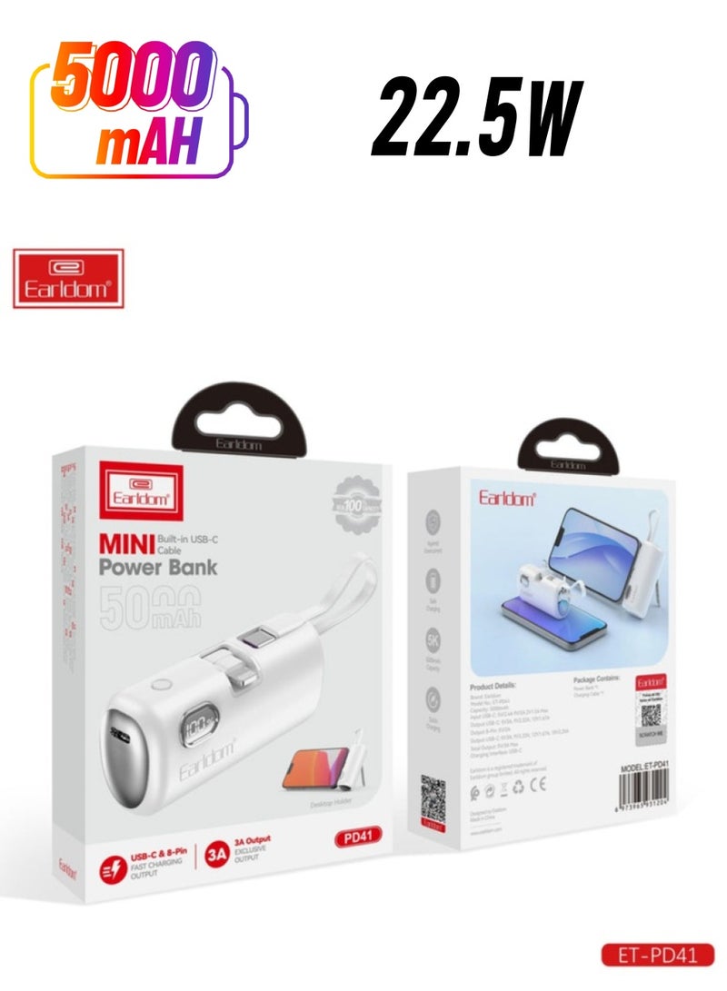 Earldom Mini 5000mAh Powerbank PD41 | 22.5W Fast Charging Portable Charger for Smartphones & Devices | Compact, Lightweight, High-Performance, Ultra-Fast Charging Power Bank for Travel & Daily Use | Powerbank for iPhone, Samsung & More - Image 1