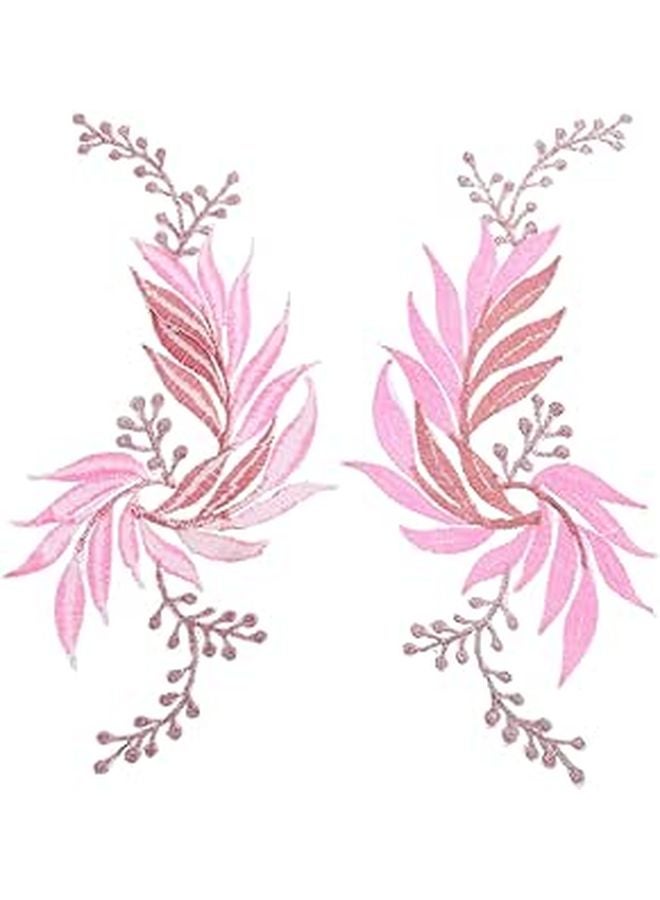 Pink Embroidered Leaf Iron On Patches For DIY Clothing Repair Decoration 2pcs - Image 1