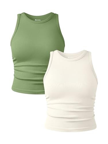 OQQ Women's 2 Piece Tank Tops Crew Neck Sleeveless Basic Stretch Casusal Yoga Crop Camis Pea Green Beige - Image 1